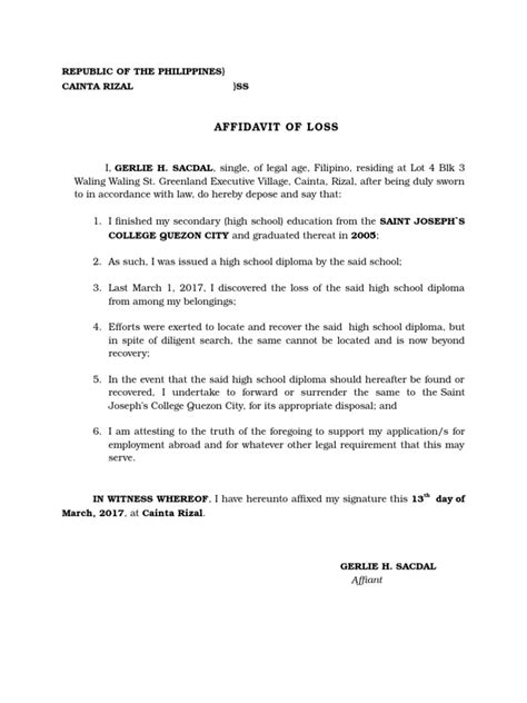 Affidavit of Loss of High School Diploma .